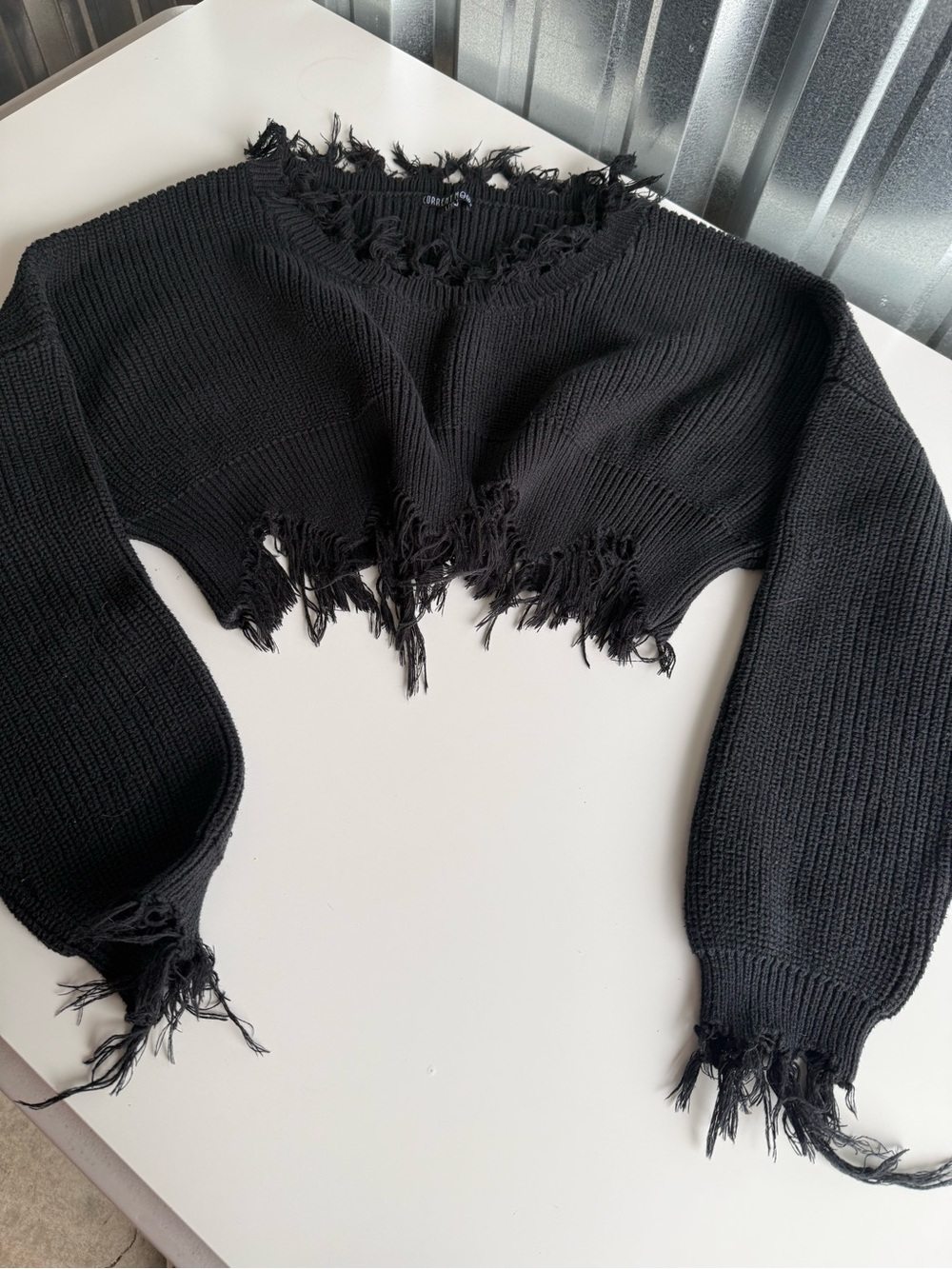 Current Mood L/XL Black Distressed Cropped Sweater Grunge Shredded Knit